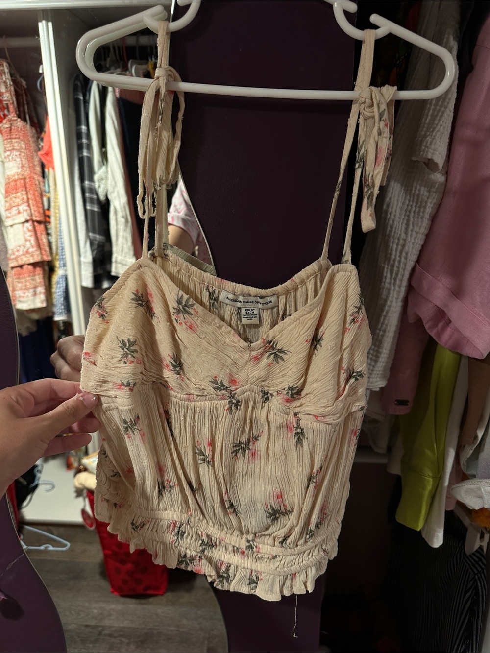 American Eagle Outfitters Cream Floral Tie-Shoulder Smocked Cami